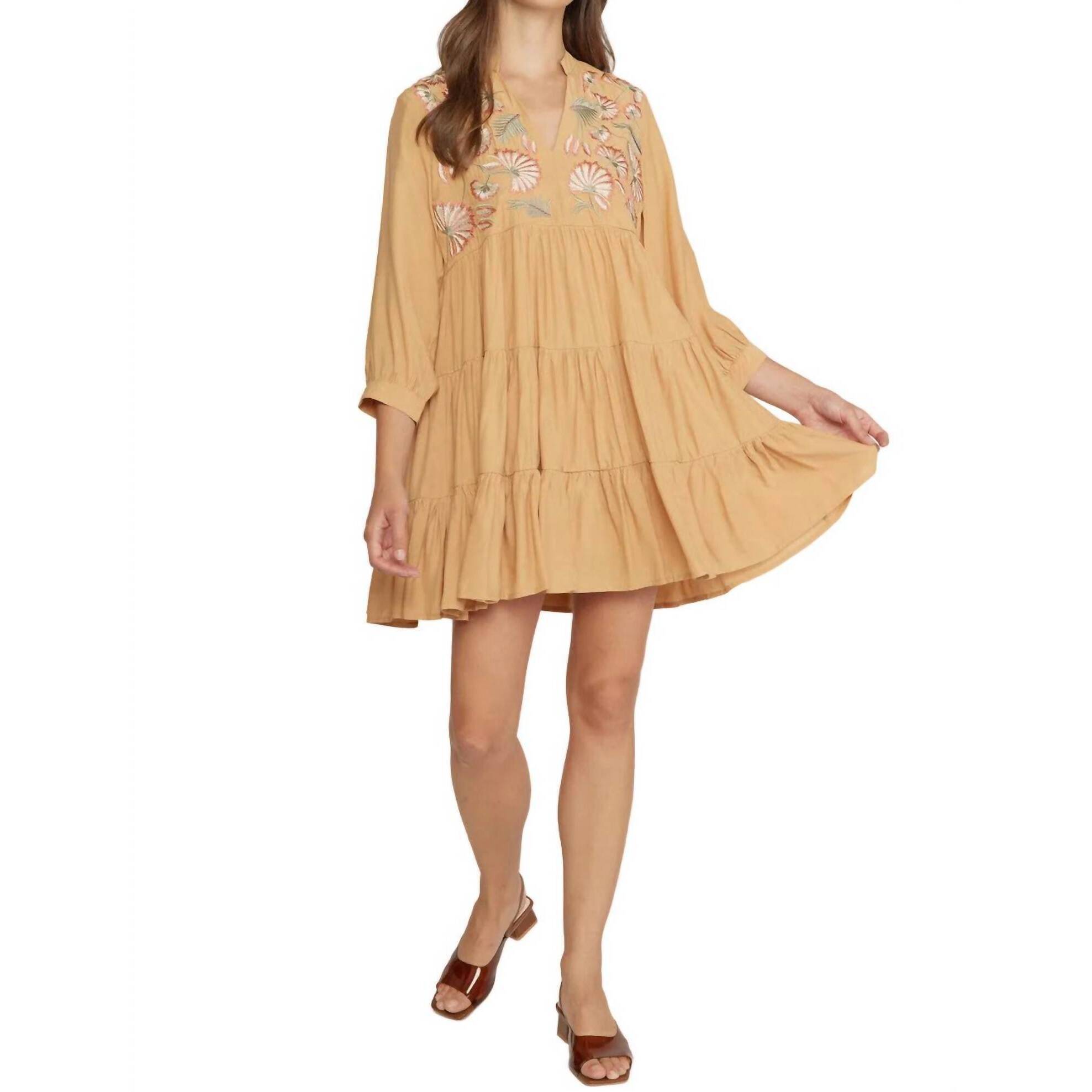 New Entro Floral Embroidered Tiered Dress In Butter Rum